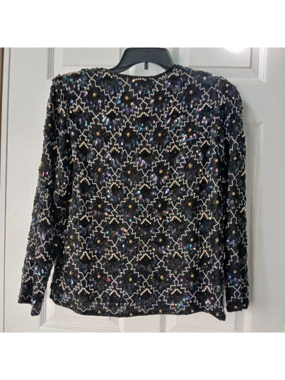 VTG Laurence Kazar Sz L Black Silver 100% Silk Sequin Bead Jacket Formal  #T-27 - Picture 12 of 12